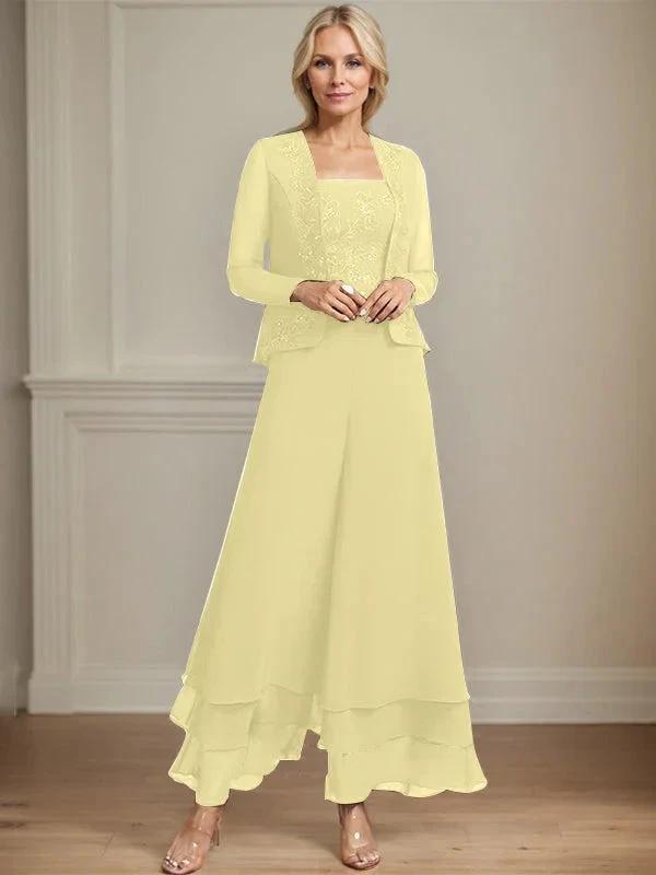 Separates Jumpsuit/Pantsuit Square Ankle-Length Lace Chiffon Mother of the Bride Dress With Sequins by Dreamylily