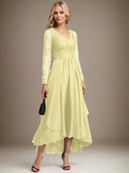 A-line V-Neck Asymmetrical Lace Chiffon Mother of the Bride Dress by Dreamylily