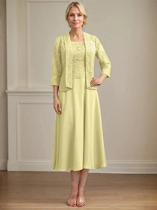 A-line Scoop Tea-Length Lace Chiffon Mother of the Bride Dress by Dreamylily