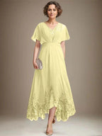A-line V-Neck Asymmetrical Lace Chiffon Mother of the Bride Dress With Pleated by Dreamylily