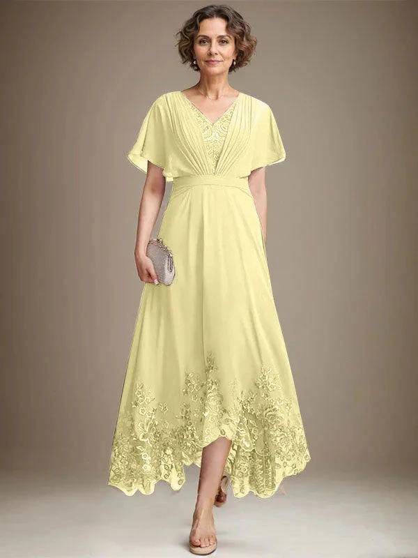 A-line V-Neck Asymmetrical Lace Chiffon Mother of the Bride Dress With Pleated by Dreamylily