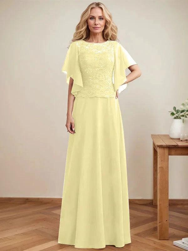 A-line Scoop Illusion Floor-Length Lace Chiffon Mother of the Bride Dress With Sequins by Dreamylily