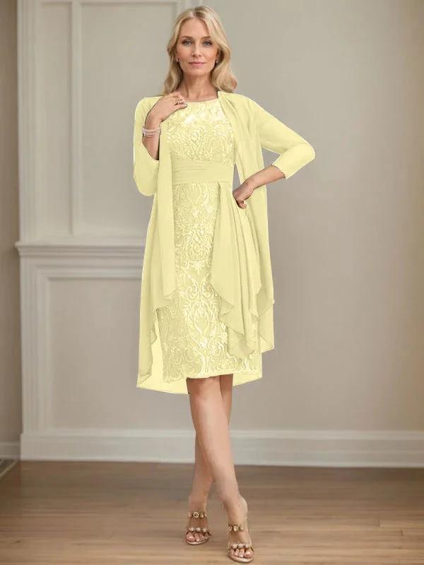 Sheath/Column Scoop Illusion Knee-Length Lace Chiffon Mother of the Bride Dress With Cascading Ruffles Sequins by Dreamylily