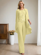 Separates Jumpsuit/Pantsuit Scoop Floor-Length Chiffon Lace Mother of the Bride Dress With Beading Sequins