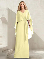 A-line V-Neck Floor-Length Chiffon Mother of the Bride Dress With Cascading Ruffles Beading by Dreamylily