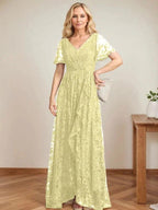 A-Line V-Neck Asymmetrical Lace Mother of the Bride Dress With Cascading Ruffles by Dreamylily