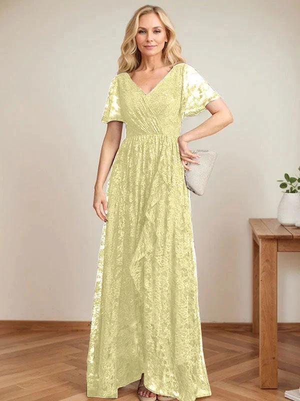 A-Line V-Neck Asymmetrical Lace Mother of the Bride Dress With Cascading Ruffles by Dreamylily