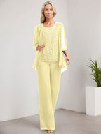 Separates Jumpsuit/Pantsuit Scoop Floor-Length Lace Chiffon Mother of the Bride Dress With Sequins