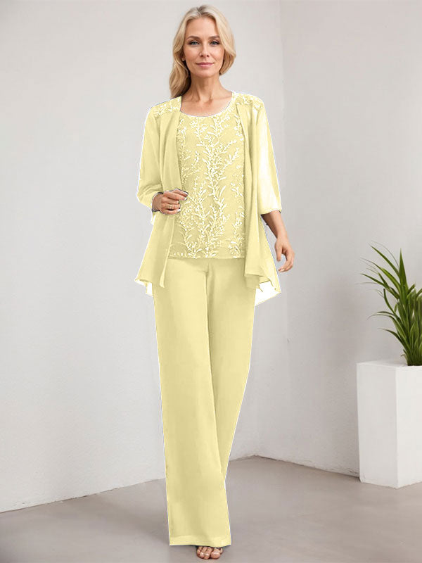 Separates Jumpsuit/Pantsuit Scoop Floor-Length Lace Chiffon Mother of the Bride Dress With Sequins