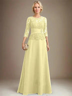 A-line Scoop Illusion Floor-Length Chiffon Lace Mother of the Bride Dress With Pleated Sequins Beading by Dreamylily