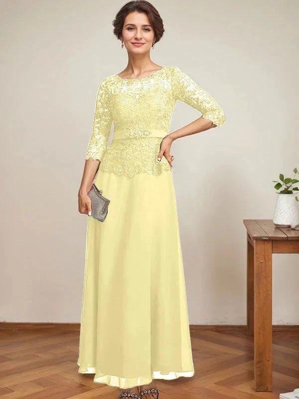 A-line Scoop Illusion Ankle-Length Chiffon Lace Mother of the Bride Dress With Rhinestone Beading by Dreamylily