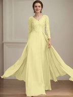 A-line V-Neck Floor-Length Lace Chiffon Mother of the Bride Dress With Sequins by Dreamylily