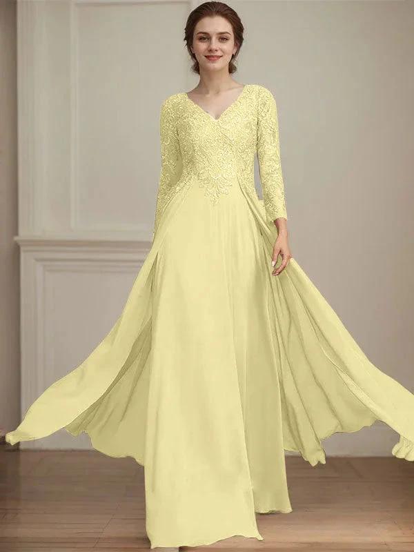 A-line V-Neck Floor-Length Lace Chiffon Mother of the Bride Dress With Sequins by Dreamylily