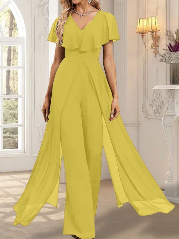 Jumpsuit/Pantsuit V-Neck Floor-Length Chiffon Evening Dress