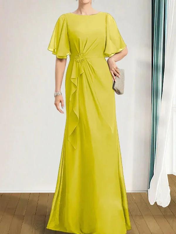 A-line Scoop Floor-Length Chiffon Mother of the Bride Dress With Cascading Ruffles Beading Sequins by Dreamylily