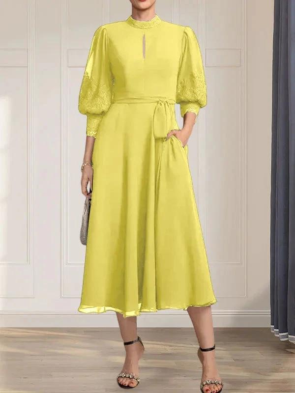 A-line High Neck Tea-Length Lace Chiffon Mother of the Bride Dress With Bow by Dreamylily