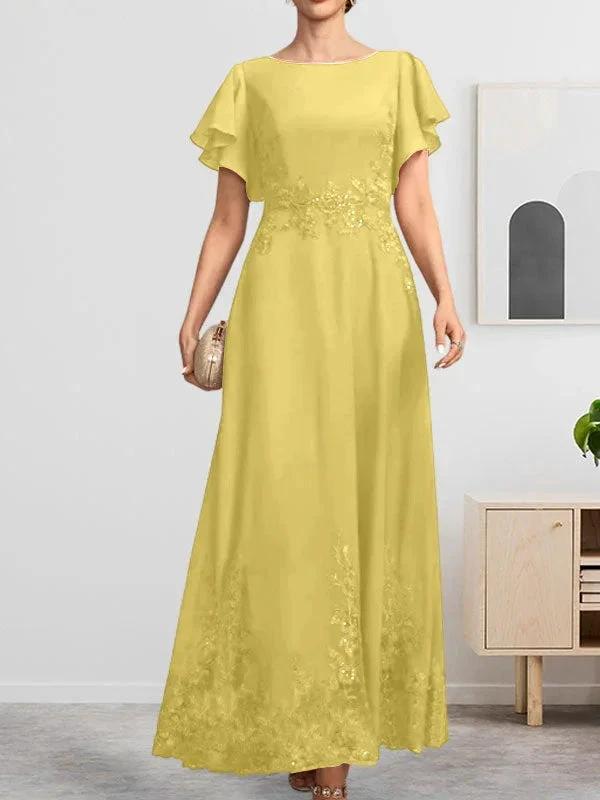 A-line Scoop Ankle-Length Lace Chiffon Mother of the Bride Dress With Sequins by Dreamylily
