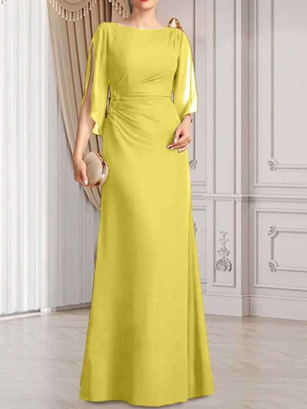 Etui-Linie/Säule U-Ausschnitt Bodenlang Chiffon Kleid für die Brautmutter mit Plissee Perlenbesatz