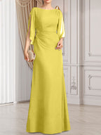 Etui-Linie/Säule U-Ausschnitt Bodenlang Chiffon Kleid für die Brautmutter mit Plissee Perlenbesatz