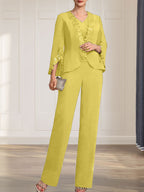 Separates Jumpsuit/Pantsuit V-Neck Floor-Length Chiffon Mother of the Bride Dress