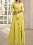 A-line V-Neck Floor-Length Chiffon Mother of the Bride Dress With Pleated Beading by Dreamylily