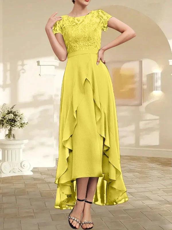 A-line Scoop Illusion Asymmetrical Chiffon Lace Mother of the Bride Dress With Bow Ruffle Sequins by Dreamylily