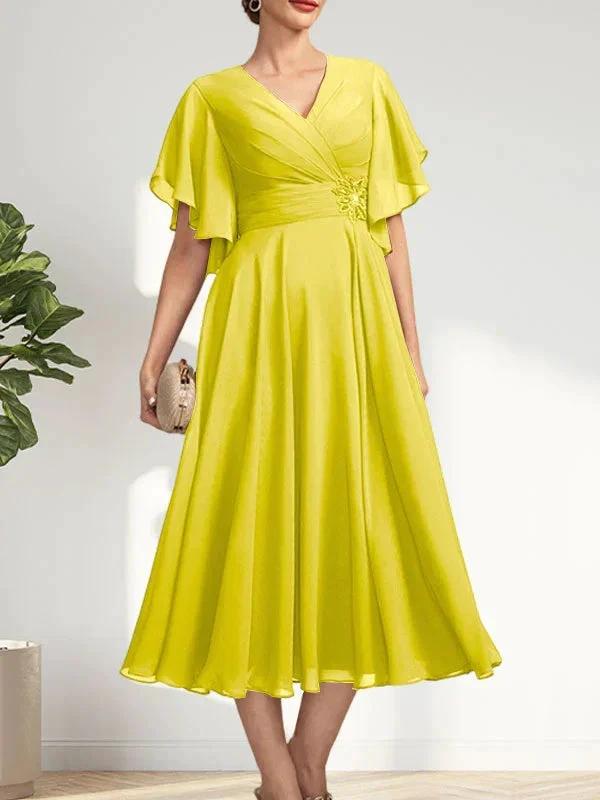 A-line V-Neck Tea-Length Chiffon Mother of the Bride Dress With Pleated Beading by Dreamylily