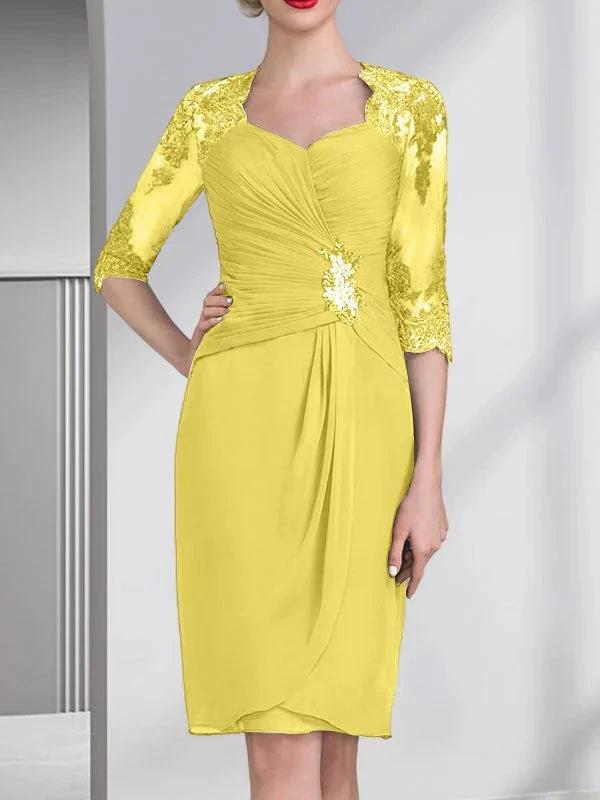 Sheath/Column Sweetheart Knee-Length Chiffon Mother of the Bride Dress With Beading Appliques Lace Sequins Pleated by Dreamylily