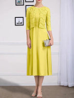 A-line Scoop Tea-Length Chiffon Mother of the Bride Dress With Pleated by Dreamylily