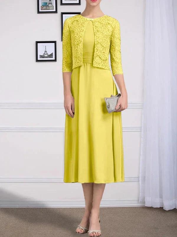 A-line Scoop Tea-Length Chiffon Mother of the Bride Dress With Pleated by Dreamylily