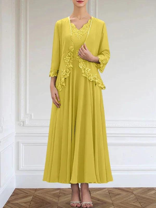 A-line V-Neck Ankle-Length Chiffon Mother of the Bride Dress With Sequins Appliques Lace Beading by Dreamylily