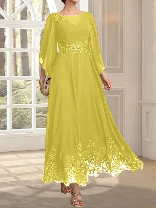A-line Scoop Illusion Ankle-Length Lace Chiffon Mother of the Bride Dress With Sequins by Dreamylily