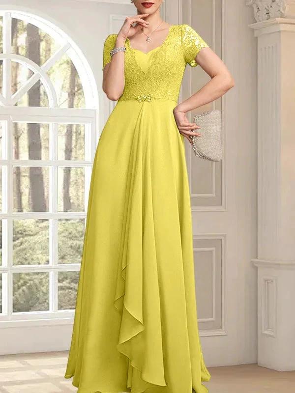 A-line Sweetheart Floor-Length Chiffon Lace Mother of the Bride Dress With Beading Cascading Ruffles by Dreamylily