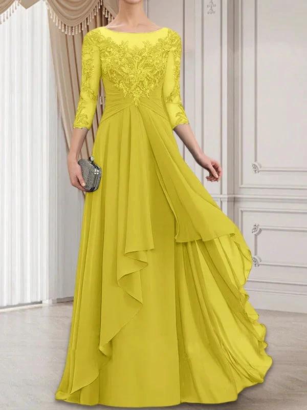 A-line Scoop Illusion Floor-Length Lace Chiffon Mother of the Bride Dress With Cascading Ruffles by Dreamylily