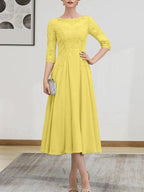 A-line Scoop Illusion Tea-Length Chiffon Lace Mother of the Bride Dress With Beading Sequins by Dreamylily