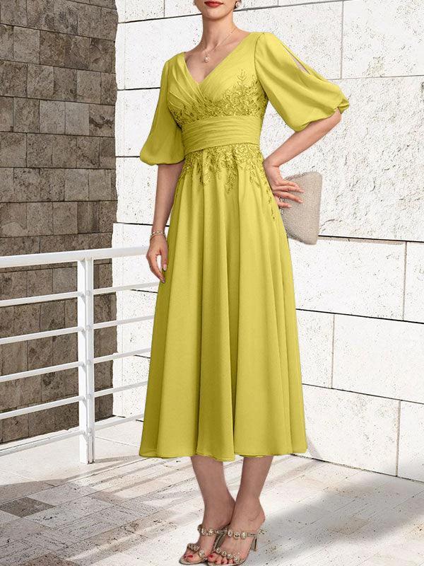 A-line V-Neck Tea-Length Lace Chiffon Mother of the Bride Dress With Pleated by Dreamylily