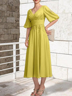 A-line V-Neck Tea-Length Lace Chiffon Mother of the Bride Dress With Pleated by Dreamylily