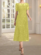 A-line Scoop Illusion Tea-Length Lace Mother of the Bride Dress With Sequins by Dreamylily