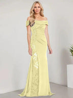 A-Line Off the Shoulder Floor-Length Mother of the Bride Dress Applique Beadings Mermaid Dress With High Split by Dreamylily