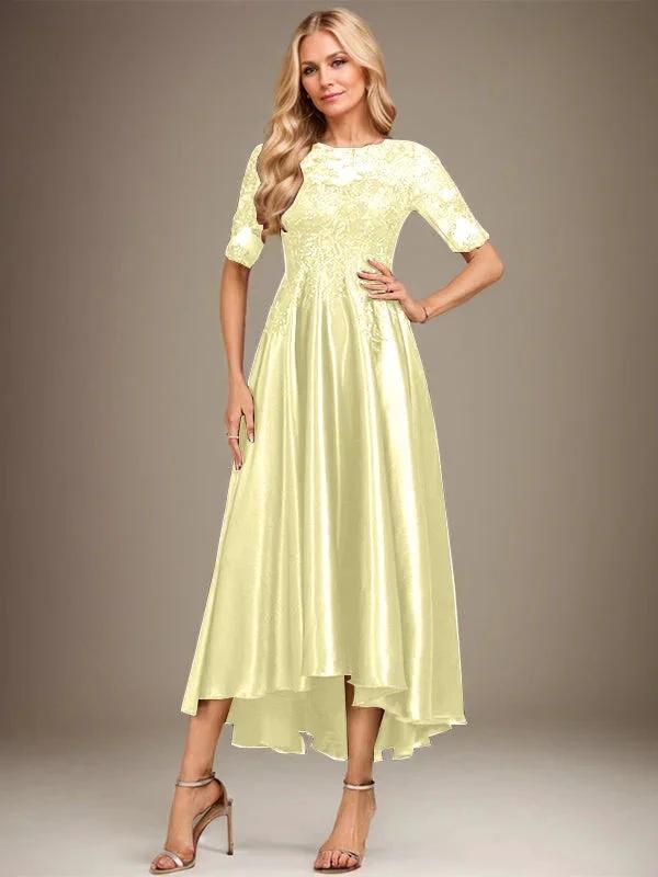 A-line Scoop Illusion Asymmetrical Stretch Satin Lace Mother of the Bride Dress With Sequins by Dreamylily