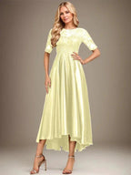 A-line Scoop Illusion Asymmetrical Stretch Satin Lace Mother of the Bride Dress With Sequins by Dreamylily