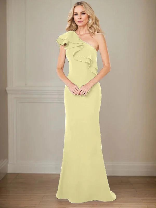 A-line One Shoulder Floor-Length Chiffon Mother of the Bride Dress With Ruffles by Dreamylily