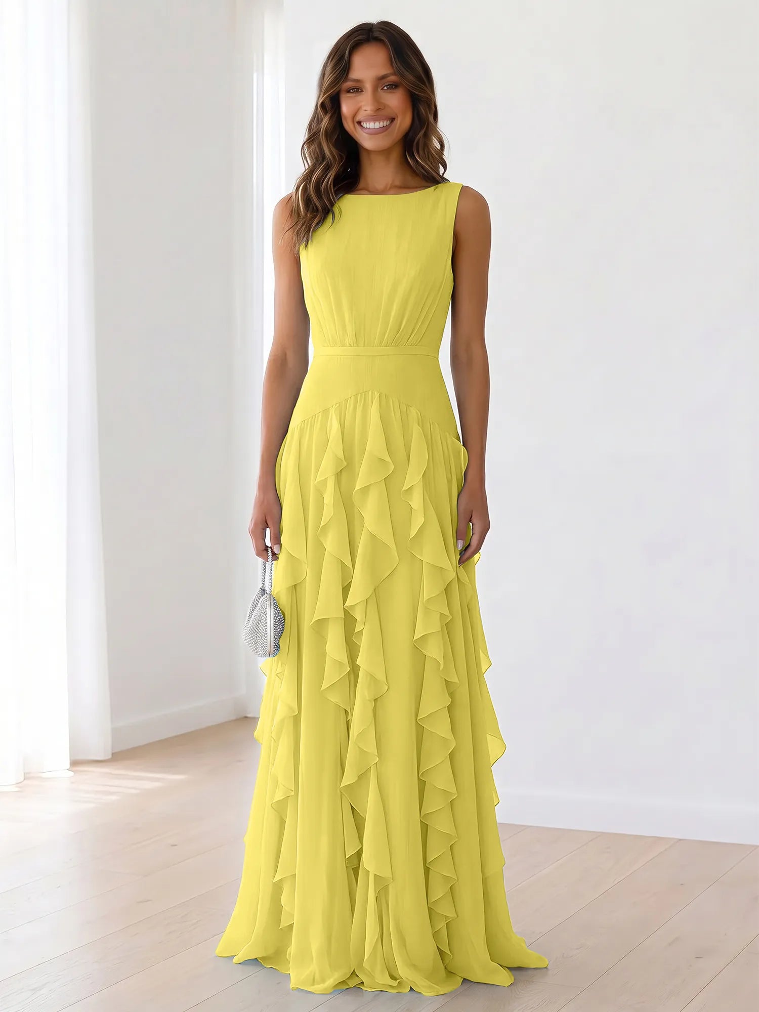 Sleeveless Tiered Chiffon Maxi Evening Gown with Ruched Bodice
