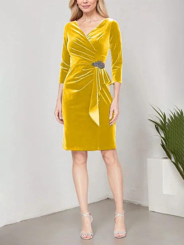 Short Velvet Sheath Dress with Surplice Neckline, Cascade Skirt and Embellishment Detail at Hip by Dreamylily