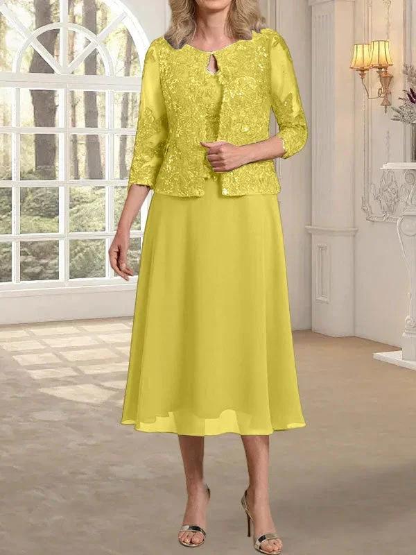A-line Scoop Tea-Length Lace Chiffon Mother of the Bride Dress With Sequins by Dreamylily
