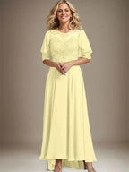 A-line Scoop Illusion Asymmetrical Chiffon Lace Mother of the Bride Dress With Beading by Dreamylily
