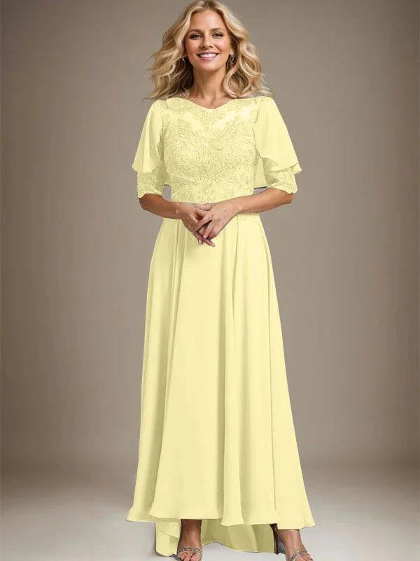 A-line Scoop Illusion Asymmetrical Chiffon Lace Mother of the Bride Dress With Beading by Dreamylily