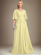 A-line V-Neck Floor-Length Chiffon Lace Mother of the Bride Dress With Crystal Brooch Rhinestone by Dreamylily