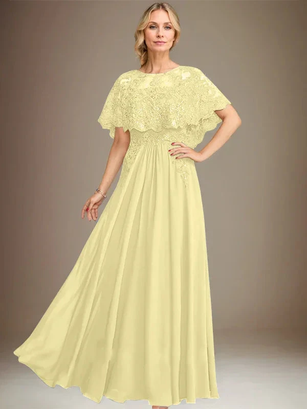 A-line Boat Neck Floor-Length Lace Chiffon Mother of the Bride Dress With Applique Sequins by Dreamylily