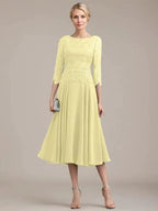 A-line Scoop Tea-Length Lace Chiffon Mother of the Bride Dress by Dreamylily